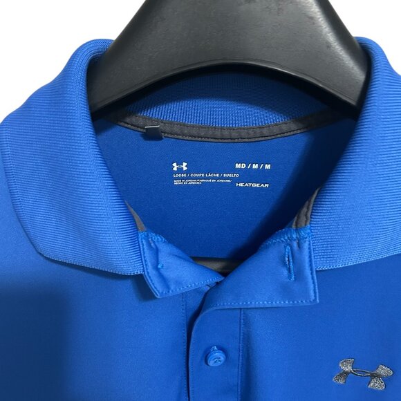 Under Armour Heatgear Golf Polo Shirt Size Medium Loose Fit Logo Blue - Picture 3 of 6